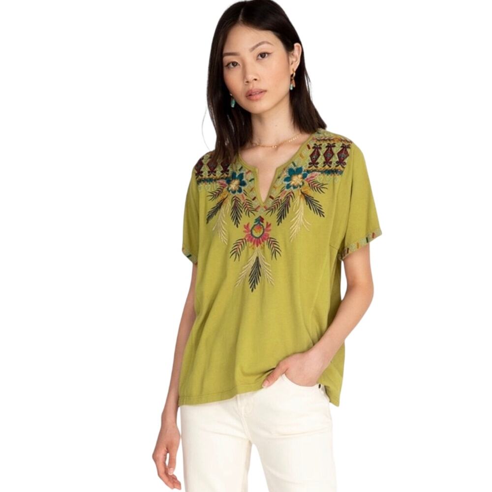 JOHNNY WAS Women’s Carmella Green Boho Embroidered Boxy Knit Top